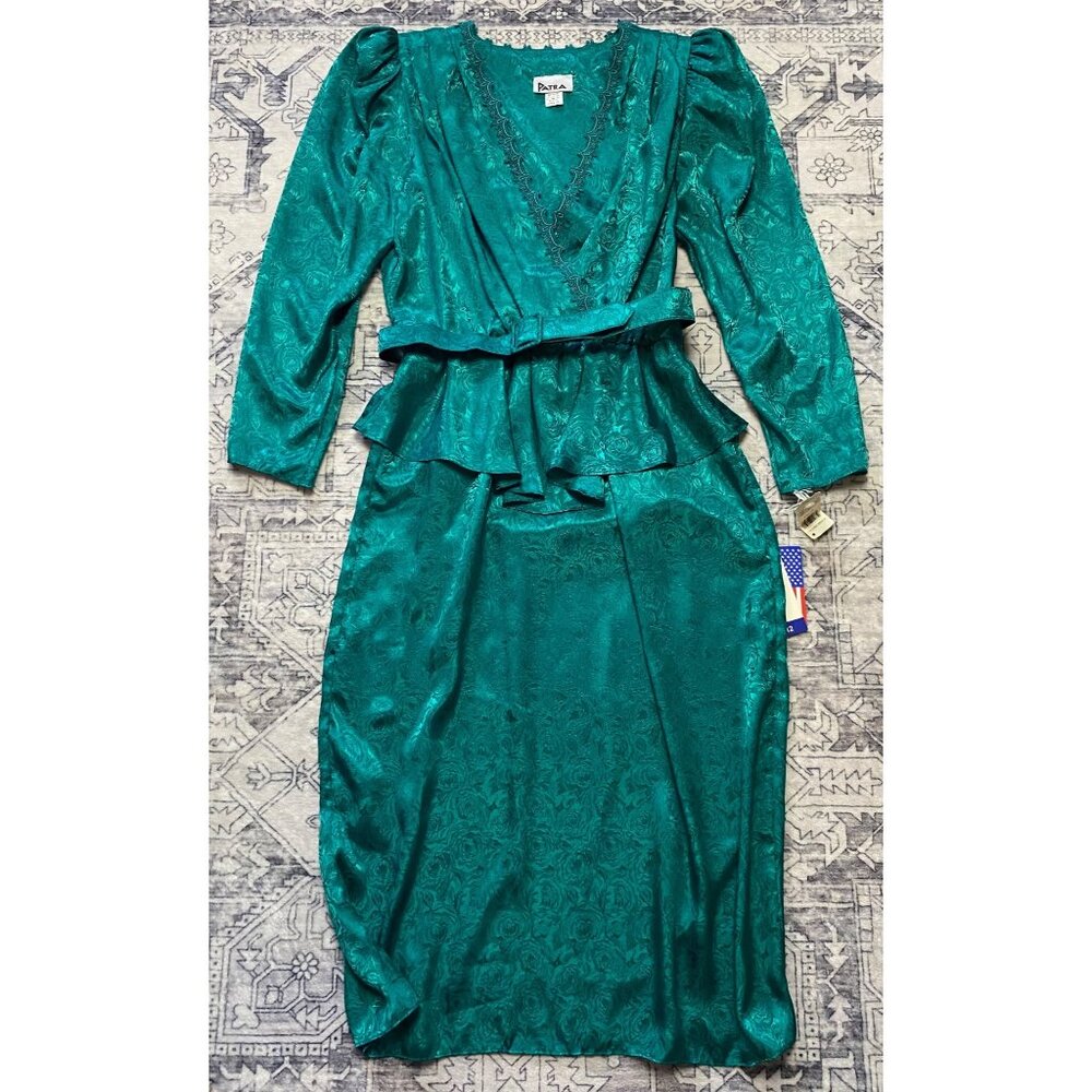 Vintage Patra Teal Green Belted Dress‎ Womens Size 12 Ruffle Lace Trim 80's 90's